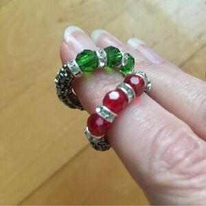 Set/2 Beaded Elasticized Fashion Rings, Red, Green